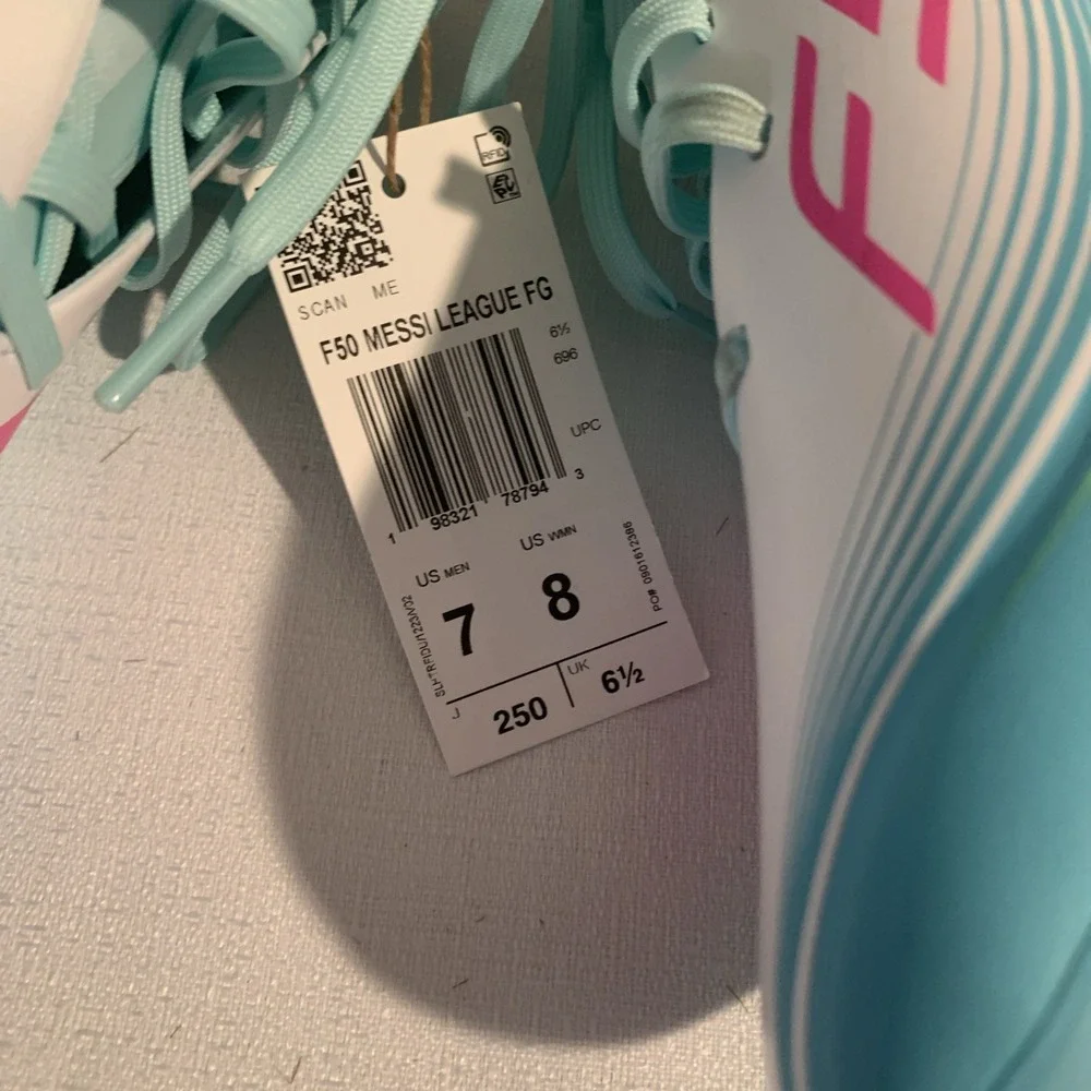 ADIDAS F50 Club FG Messi White Blue Pink Soccer Size Men's 7, Women's 8